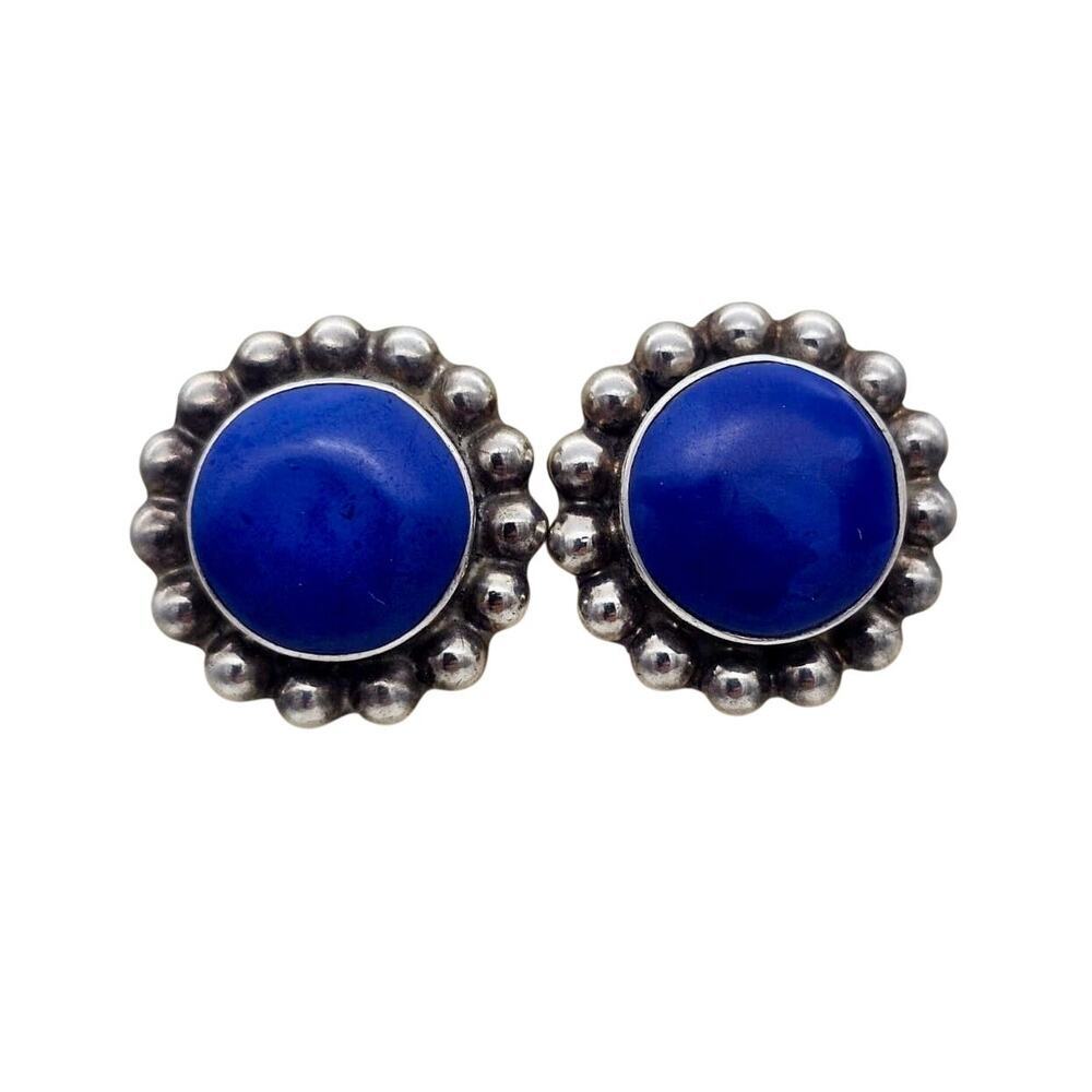 Vintage Sterling Silver & Large Center Blue Lapis Lazuli Pierced Earrings